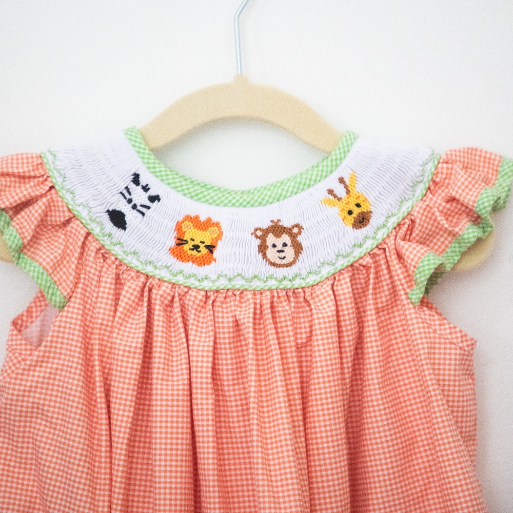 Girls Smocked Zoo Animals Dress Orange Gingham